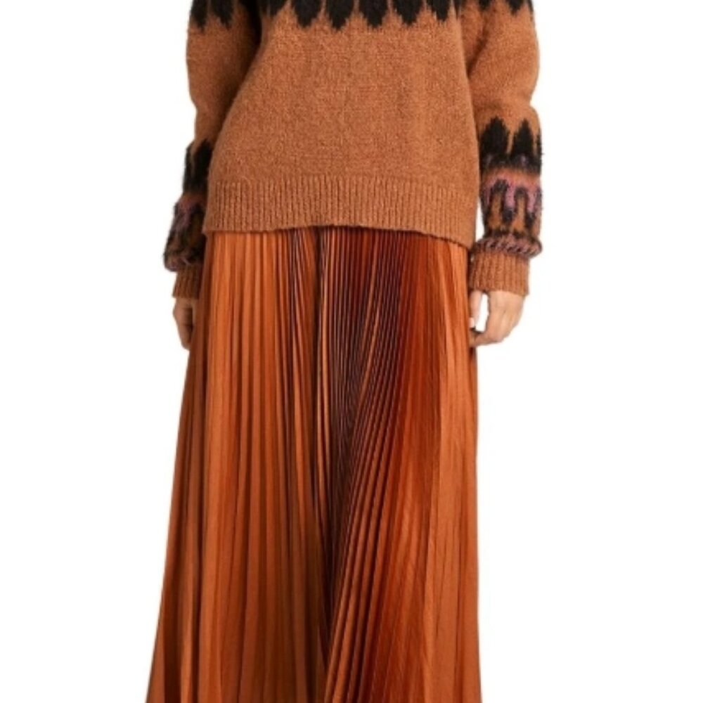 NWOT A.L.C. Pleated Accents Asymmetrical Brown/Orange Satin Midi Skirt M $795